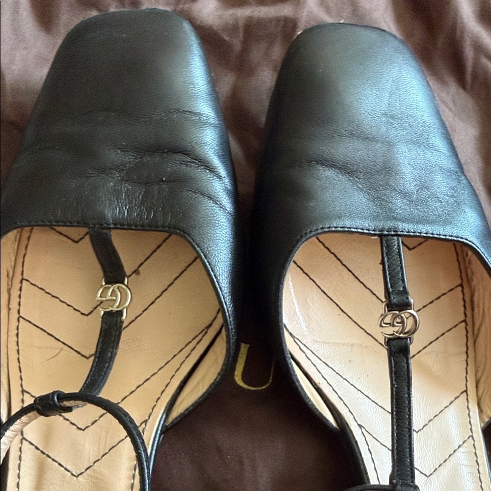 Gucci Black Leather Square-Toe Slingback Heels with Ankle Straps